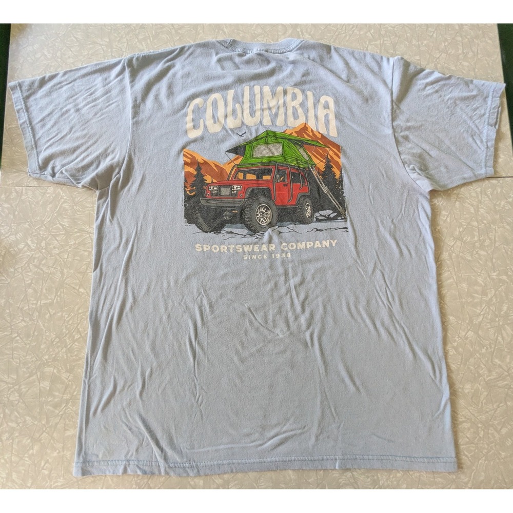 Columbia Mens XL Light Blue Graphic T-Shirt Off-Road Jeep Rooftop Tent Mountain
